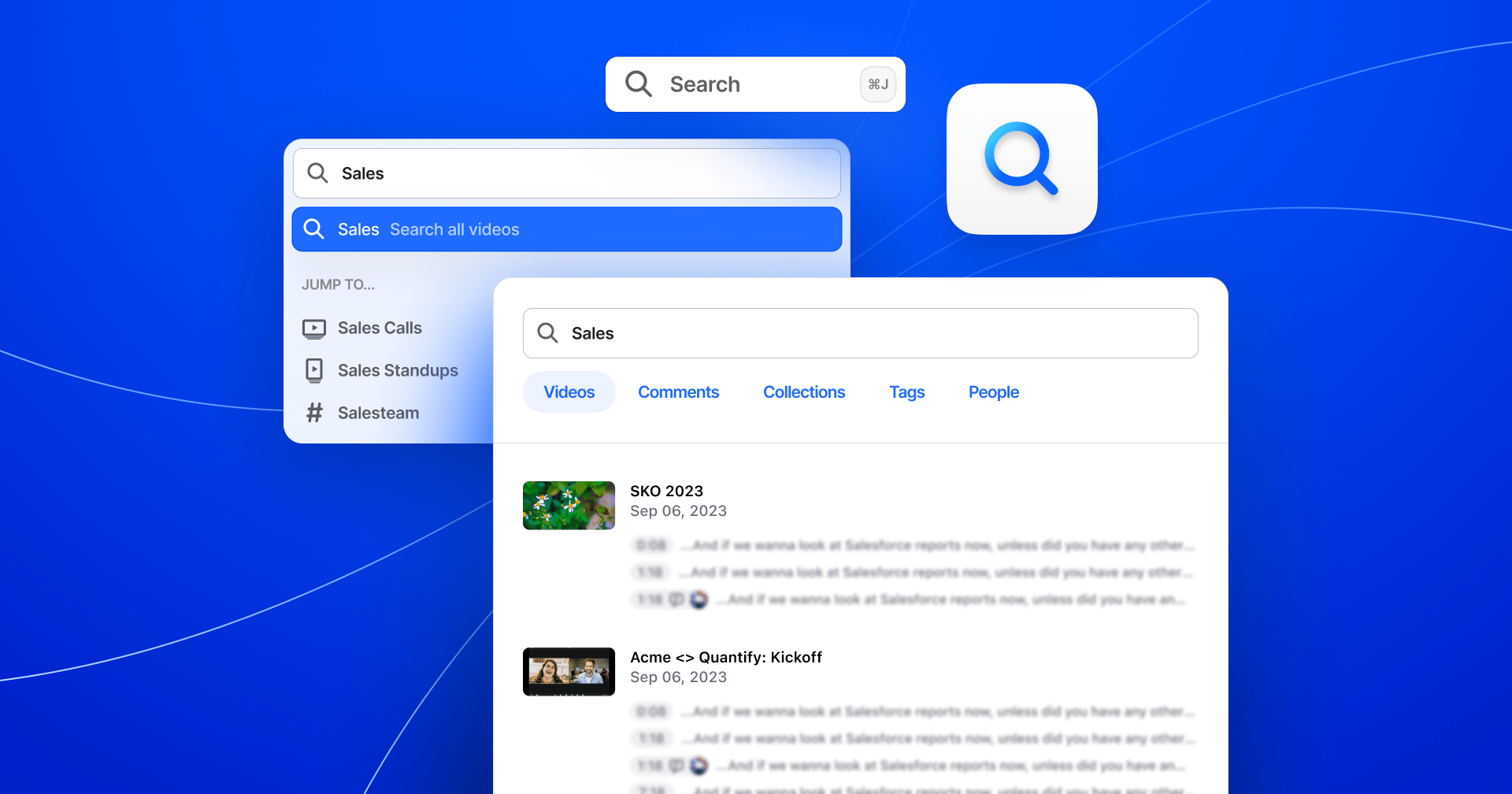 A collage of Rewatch navigational and search UI elements along with a search icon on a bright blue background