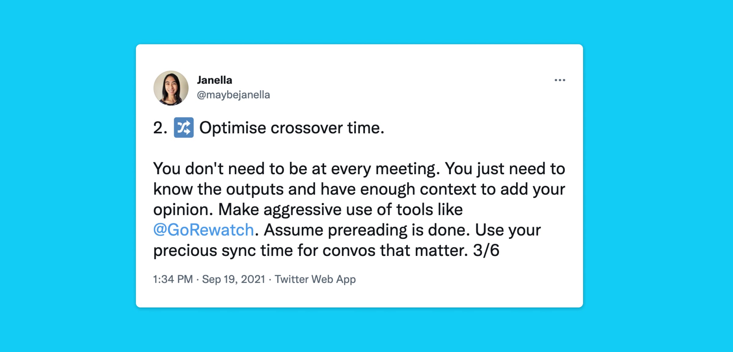 Tweet from Janella, Software Engineer and Manager, at Stedi about using Rewatch