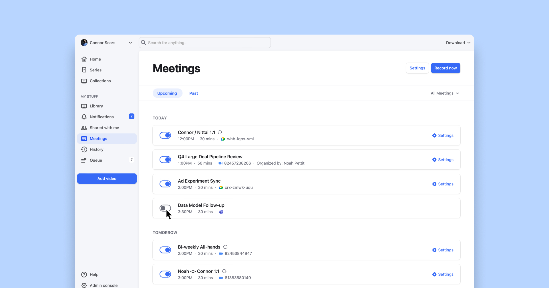 A screenshot showing how to record meetings in Rewatch